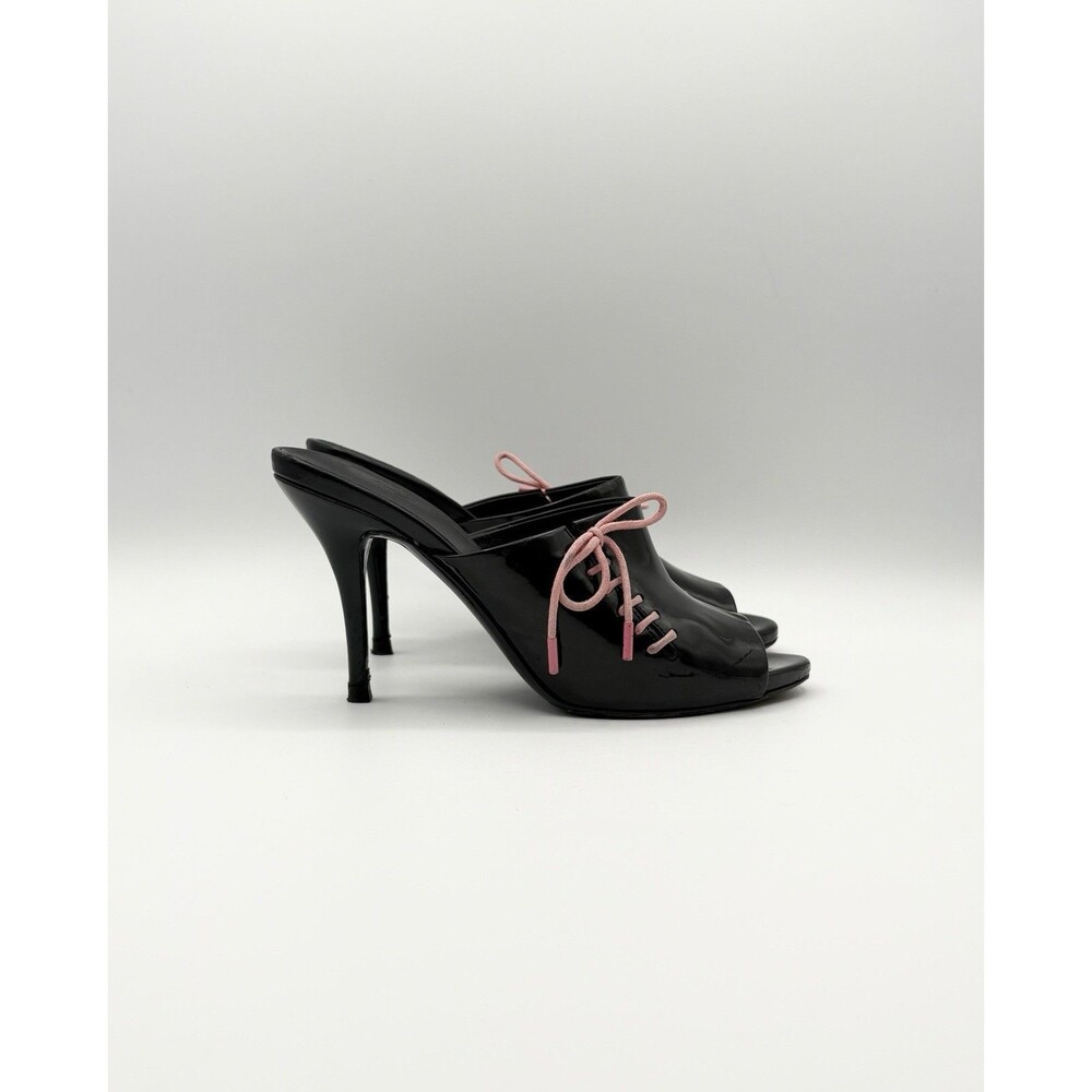 Gucci Black Patent Leather Mules Pink Lace Up Detail Vintage Size EU 36